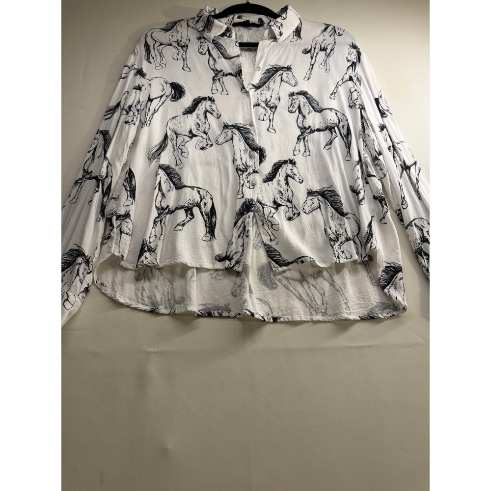 Jane + Delancey Horse Print Button Down Shirt White Black Equestrian Size M